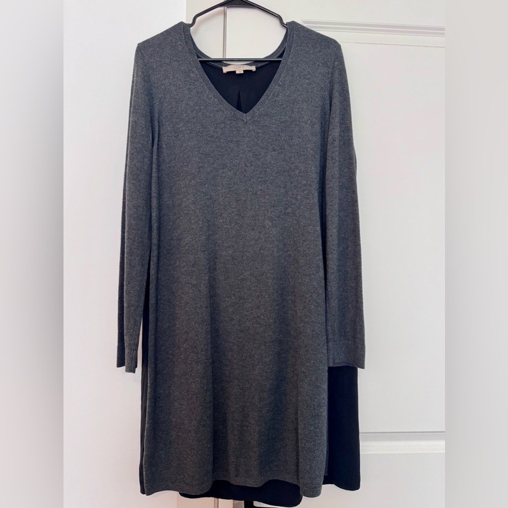 LOFT Charcoal V-Neck Long Sleeve Knit Dress